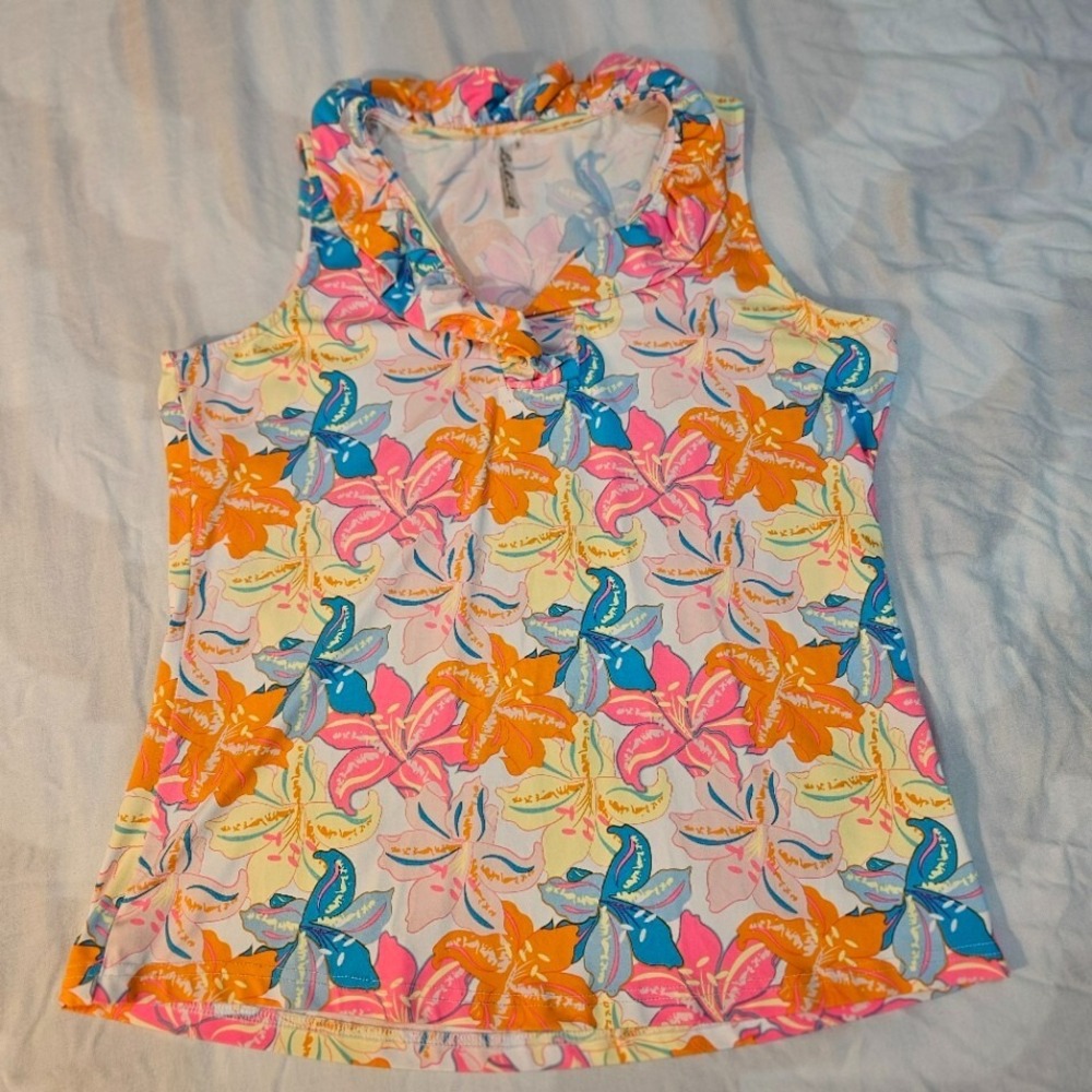 Lulu B Womens Small Ruffle V-Neck Tank Top Blouse Floral Lightweight Resort Wear